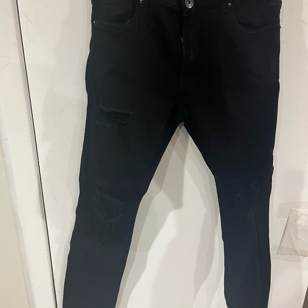 Mens Crysp Denim Distressed Black Jeans 30